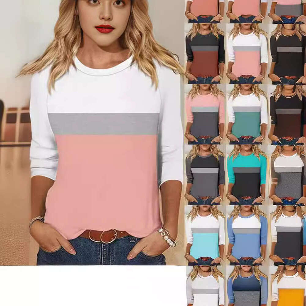 Women's Solid Color Block Ins Casual Fashion Three-Quarter Sleeve T-Shirt Round Neck Top B5