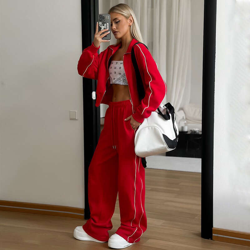 Casual Fashion Women's Zipper Cardigan Jacket Sports Drawstring Pants Two-Piece Set B5