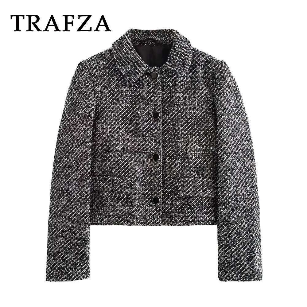 hoodie Autumn Sequined Gingham Women Button Jacket Streetwear Fashion Vintage Turn-down Collar Chic Straight Outwear jacket