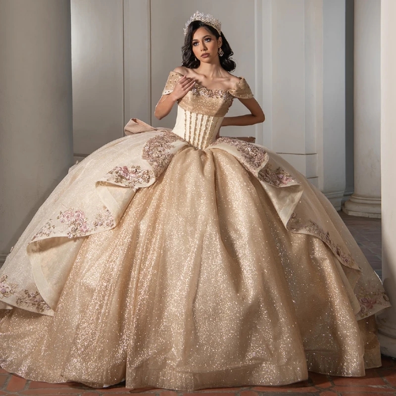 Gold Quinceanera Dresses Ball Gown Off The Shoulder Applique Beading Crystal Bow Tull Party Birthday Sweet 16 Dress Vestidos 15 Anos