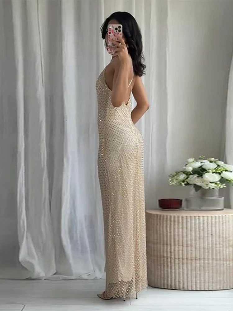 Sexy Sequined Sling Long Dress Women Solid Slim Sleeveless Backless Shiny Dresses 2025 Summer Lady Fashion Party Gowns XJ250722