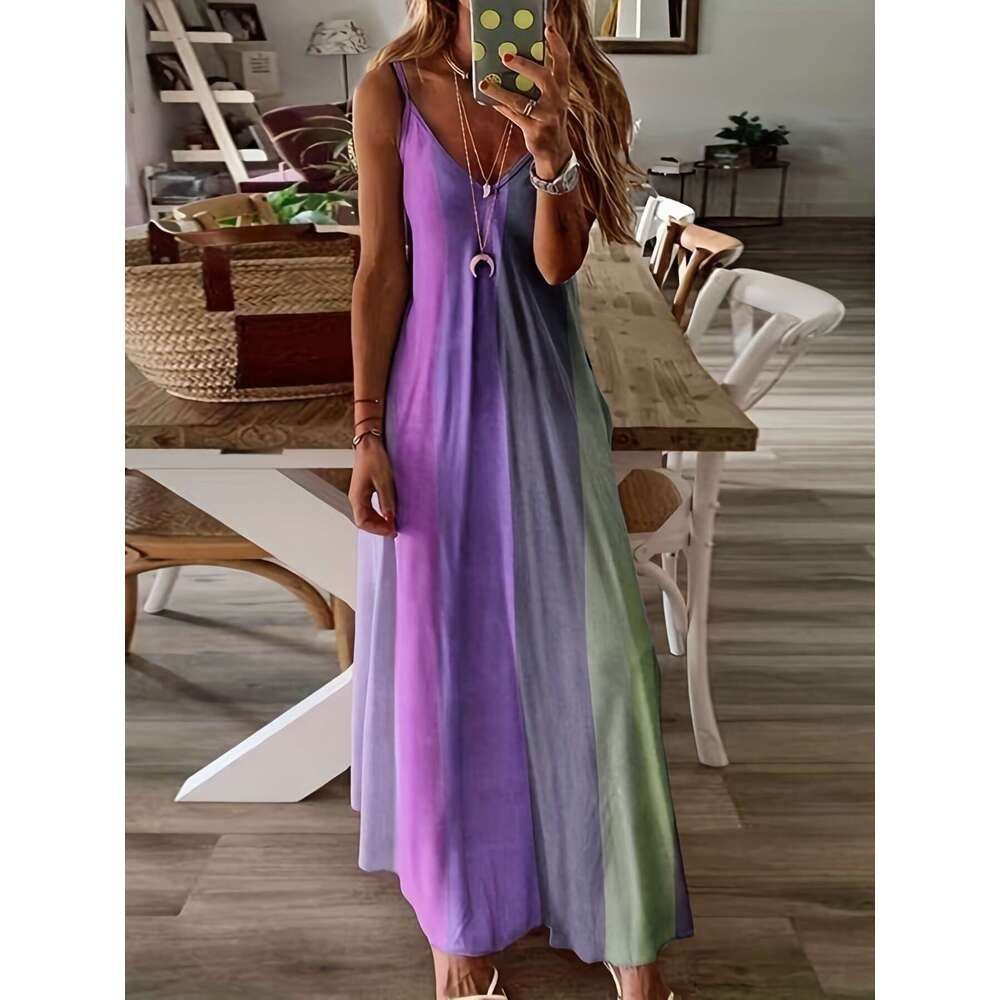Summer Women's Long Slim Fit Colorful Gradient New Printed Strap Dress B5