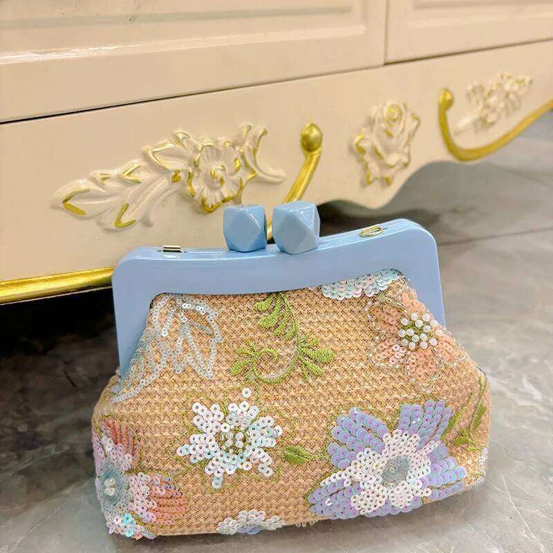 Women Embroiry Evening Sequins Vintage Flower Straw Beach Handbag Weaving Satchel Ladies Summer Daily Bag City Bag