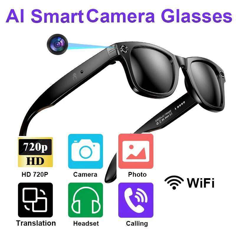 Al Smart Camera Glasses Video Recorder Wireless Bluetooth Call Music Square Sunglasses Men Women Anti Blue Light Eyeglasses