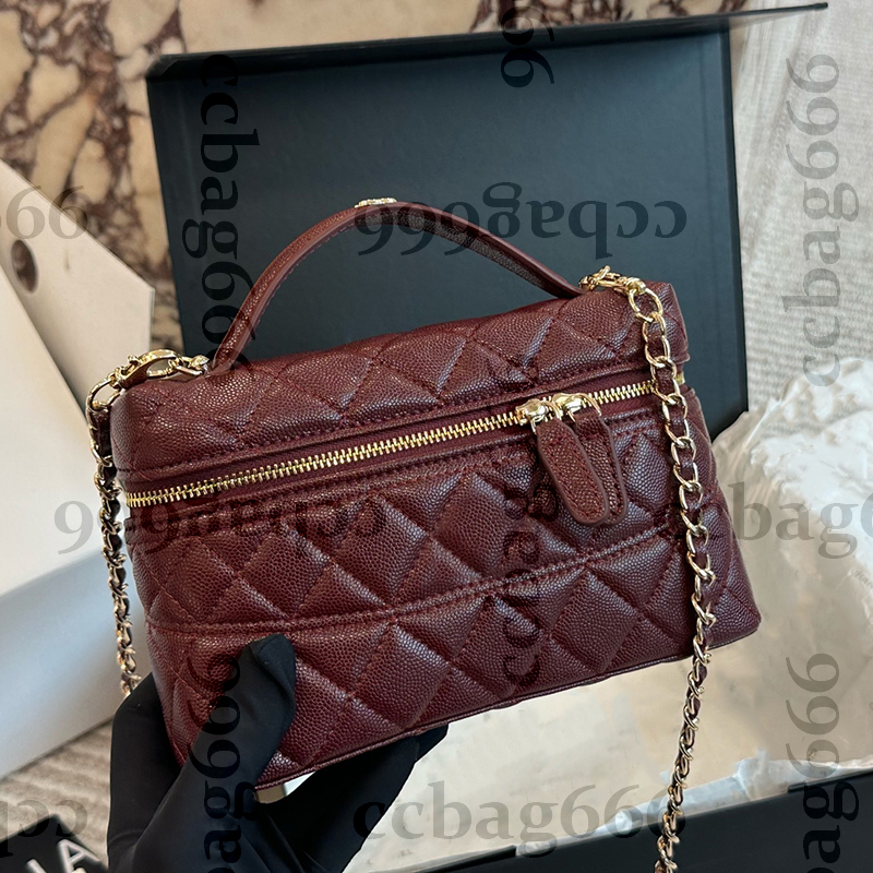 25C Caviar Leather Top Leather Handle Totes Makeup Box Vanity Bag Gold Matelasse Chain Crossbody Card Holder Cosmetic Case Luxury Designer Plaid Quilted Purse 19CM