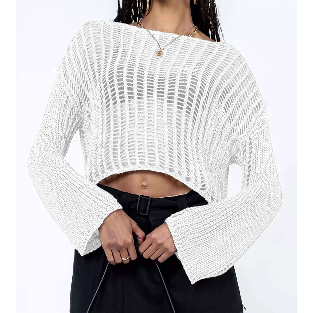 Spring Summer For Women Hand Crocheted Off-Shoulder Hollow-Out Women's Knitted Sweater B5