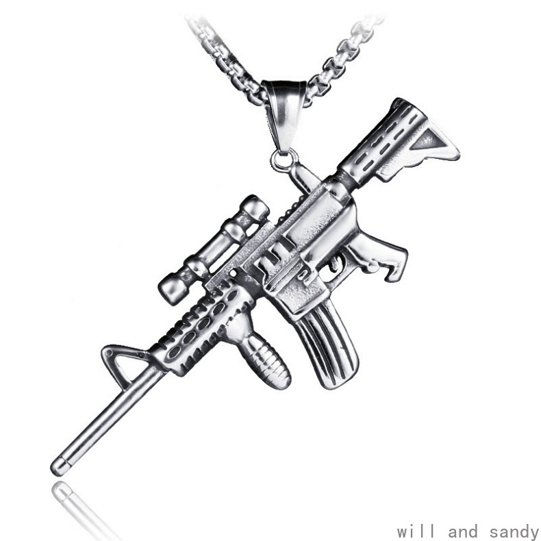 Non Tarnish Stainless Steel Machine Gun Necklace Hip Hop Chain Bird Owl Lion Dinosaur Skull Wings Pendant Fashion Jewelry for Men Anniversary Father B