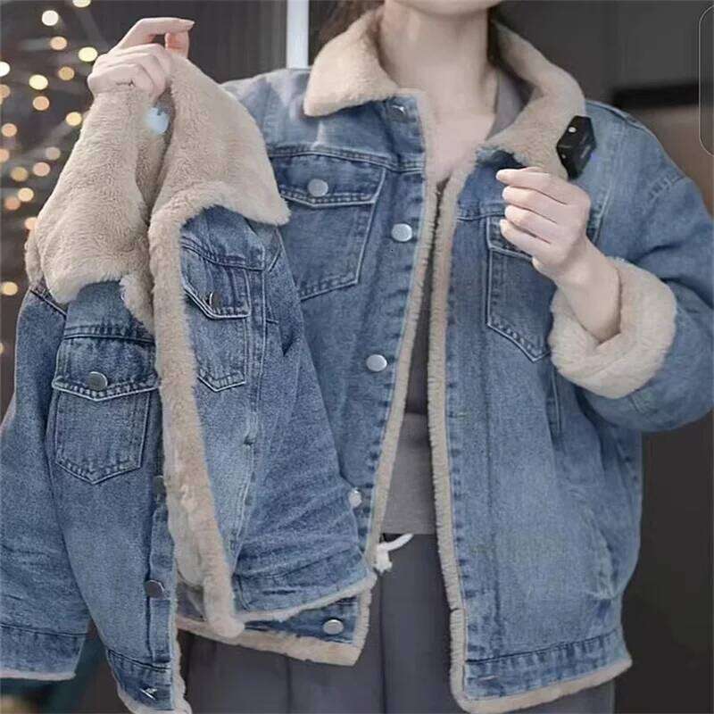 Girls Plus Veet Thick Denim Jacket Winter Warm Padded Coat Children's Loose Lapel Outerwear New Casual Parkas 4-12 Years Old