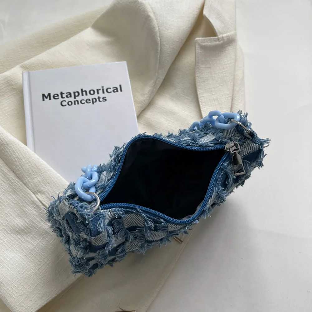 Vintage Women Casual Shoulder Underarm Bag Plaid Pattern Printed Denim Small Purse Ladies Chain Leisure Handbags XJ250704