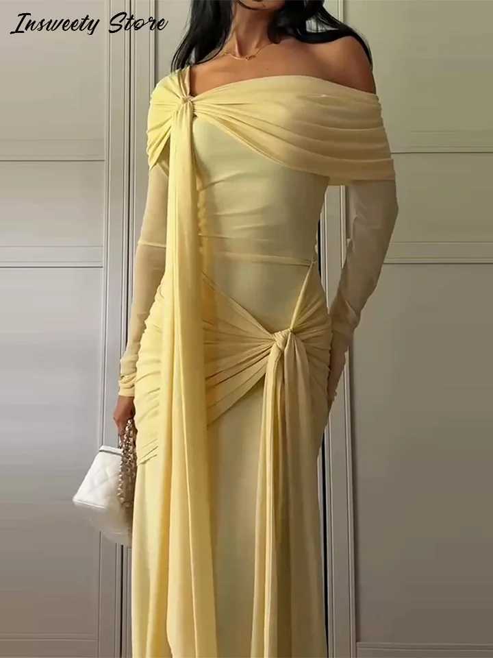 Ele Solid Lace Up Dress Womens Off The Shoulder Long Sleeve Draped Dresses 2025 Summer New Fe Chic Party Dresses XJ250722