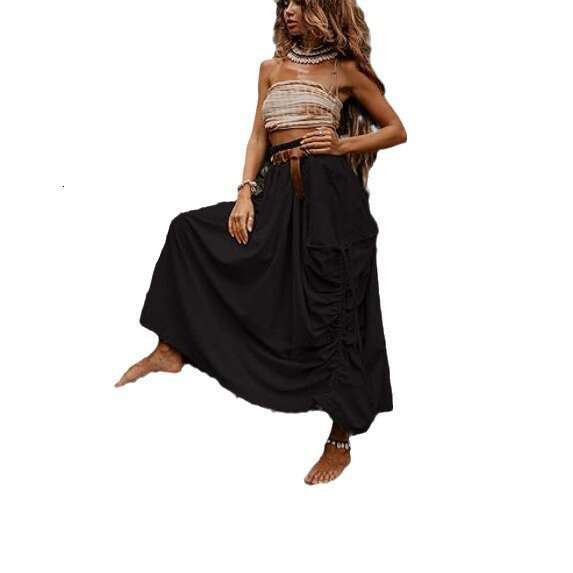 Women's Casual Midi New Drawstring Large Pocket Bohemian Loose Organic Cotton Long Skirt B5
