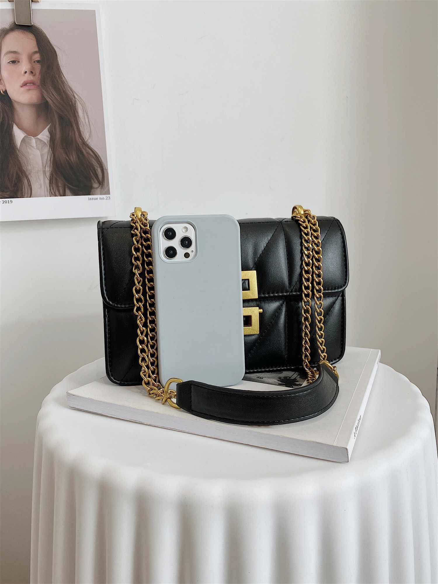 Lock Buckle Embroidered Thread PU Solid Color Small Square Bag Mens Chain Shoulder Bag Y250722