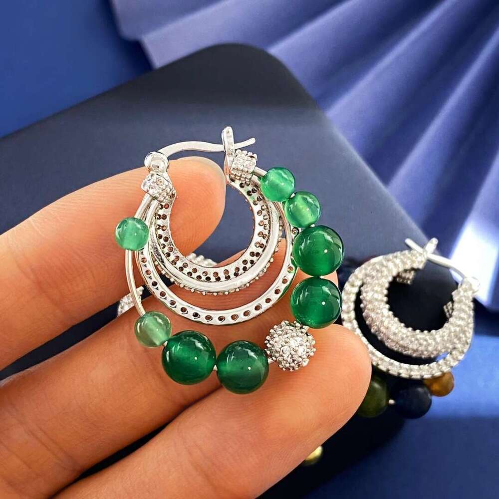 New Chinese Luxurious Crystal Ethnic Style Natural Colorful Tourmaline Emerald Chalcedony Inlaid Dia Earrings Set
