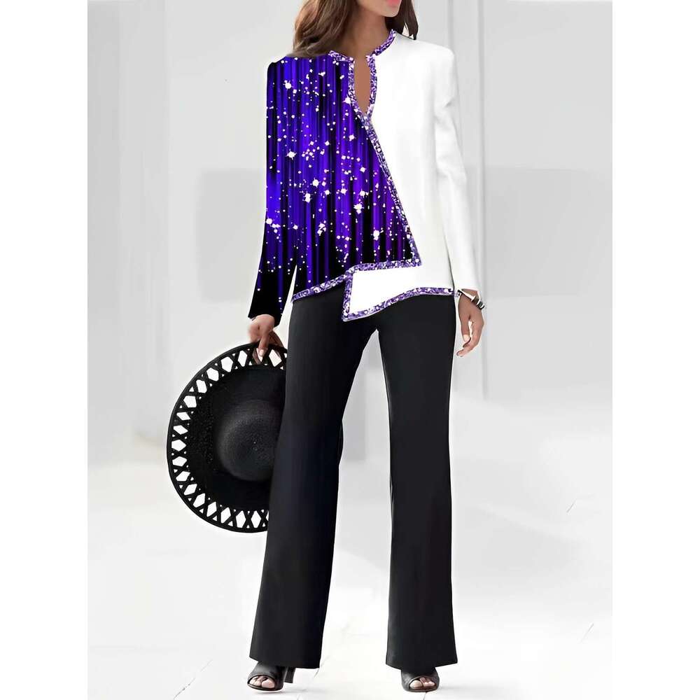 3D Digital Printing V-Neck Asymmetric Fashion Casual Shirt And Trousers Women's Set B5