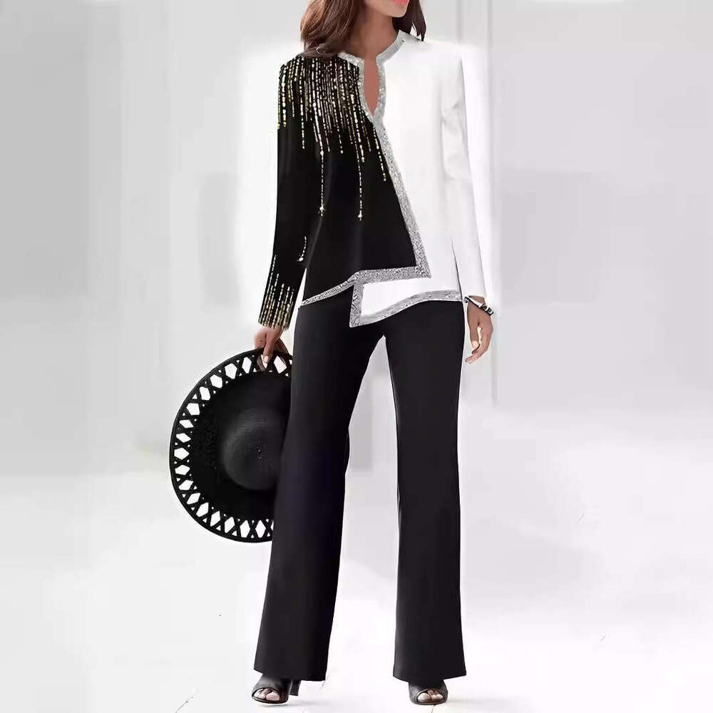 3D Digital Printing V-Neck Asymmetric Fashion Casual Shirt And Trousers Women's Set B5