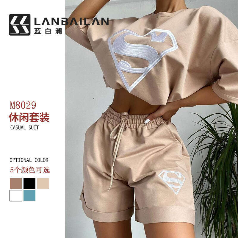 Women's Summer New Embroidered Sports Casual Shorts And Sweatshirt Set B5