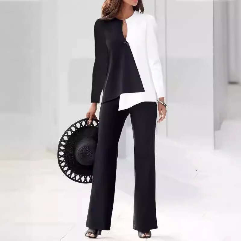 Spring And Autumn Fashionable Commuter Color Block Sleeve Long Pants Two-Piece Set Women's Clothing B5