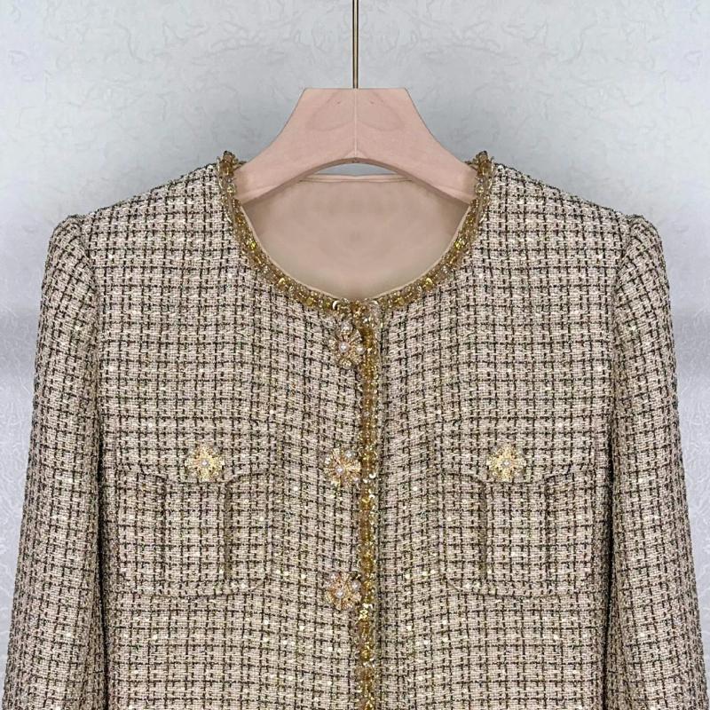Two Piece Dress Autumn Winter Small Fragrant Style Gold Plaid Coarse Knitted Set Women Suit Coat Tweed Jackets Midi Long Skirts Sets