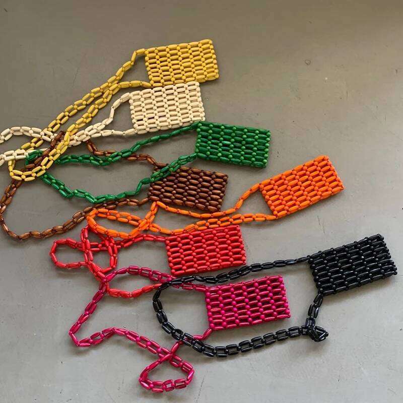 Vintage Wooden Bead Woven Mobile Phone Bag 2024 New Ins Minimalist Summer Vacation Beach Crossbody Bags for Woman