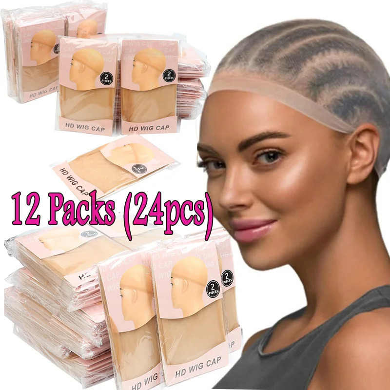 12Packs 24Pcs Invisible Hd Wig Cap For Lace Front Wig Transparent Wig Caps For Making Wigs Bonnet Perruque Wig Accessories 250721