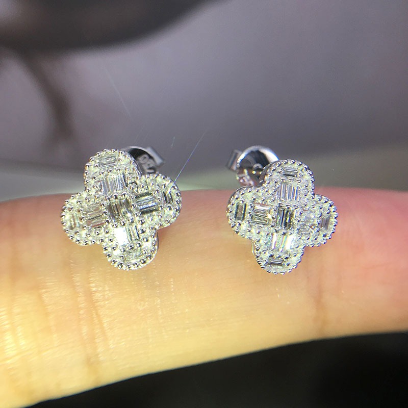 Silver - Tone Clover - Shaped Stud Earrings With Baguette Rhinestone Accents Elegant Party Jewelry And Gift For Her High Quality And Sparkling Jewelry