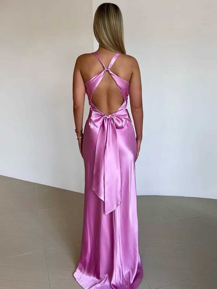 Mozision Satin Bow Backless Sexy Maxi Dress For Women Gown Fashion V Neck Sleeveless Club Party Evening Dress XJ250722