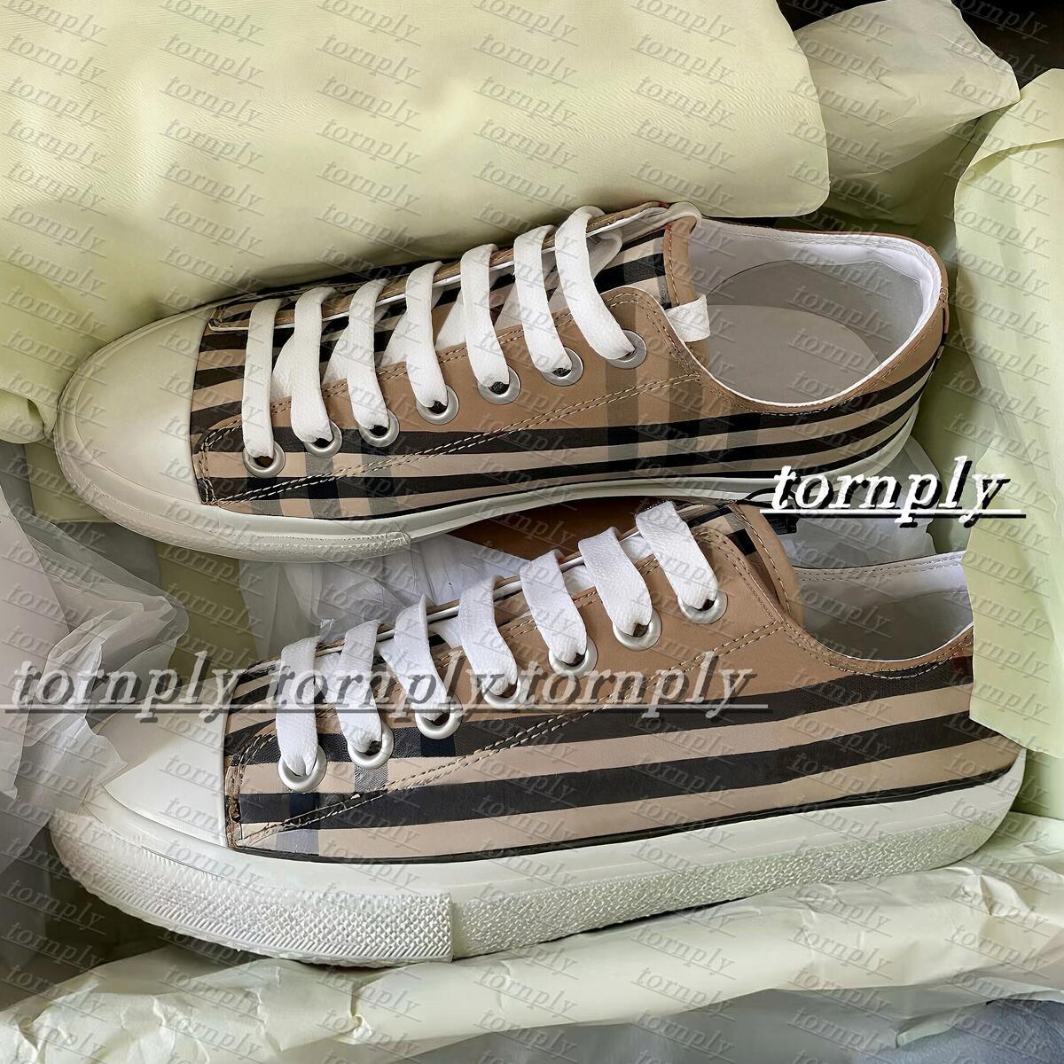 Vintage Print Check Sneakers Designer Casual Shoe Men Two-tone Cotton Gabardine Flats Shoe Printed Lettering Plaid Calfskin Canvas Trainers size35-45