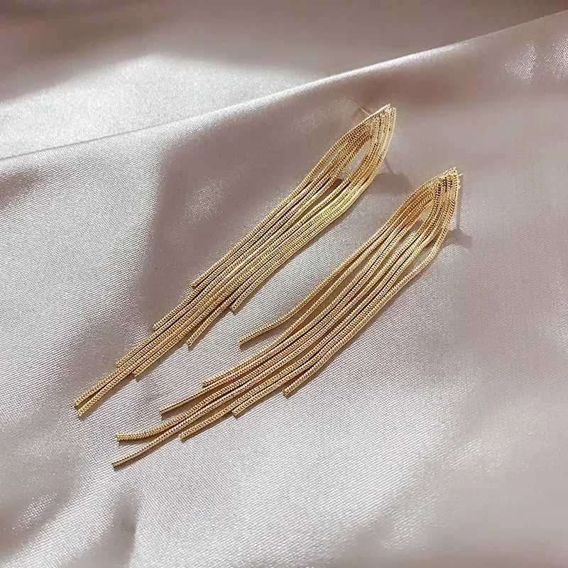 Vintage Long Gold Color Earrings Shiny Thread Tassel Drop Earrings For Women Luxury Hanging Korean Elegant Wedding Party Jewelry XJ250722