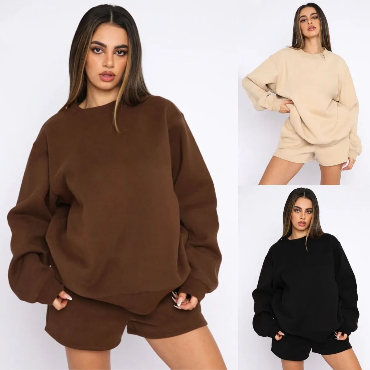 O94 New 3D Logo Round Neck Long Sleeve Fitness Yoga Sweatshirt Top+Shorts Set Hoodie Women Fashion Casual Shorts Set