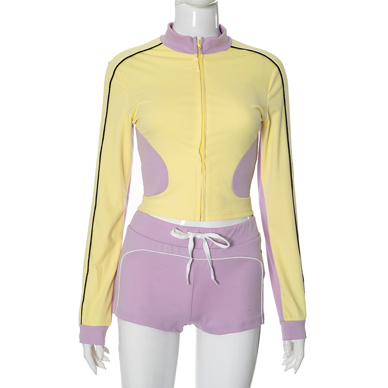 K24ST371 style 2025 spring stand up collar slim fit fitness suit slimming top sports jacket shorts set