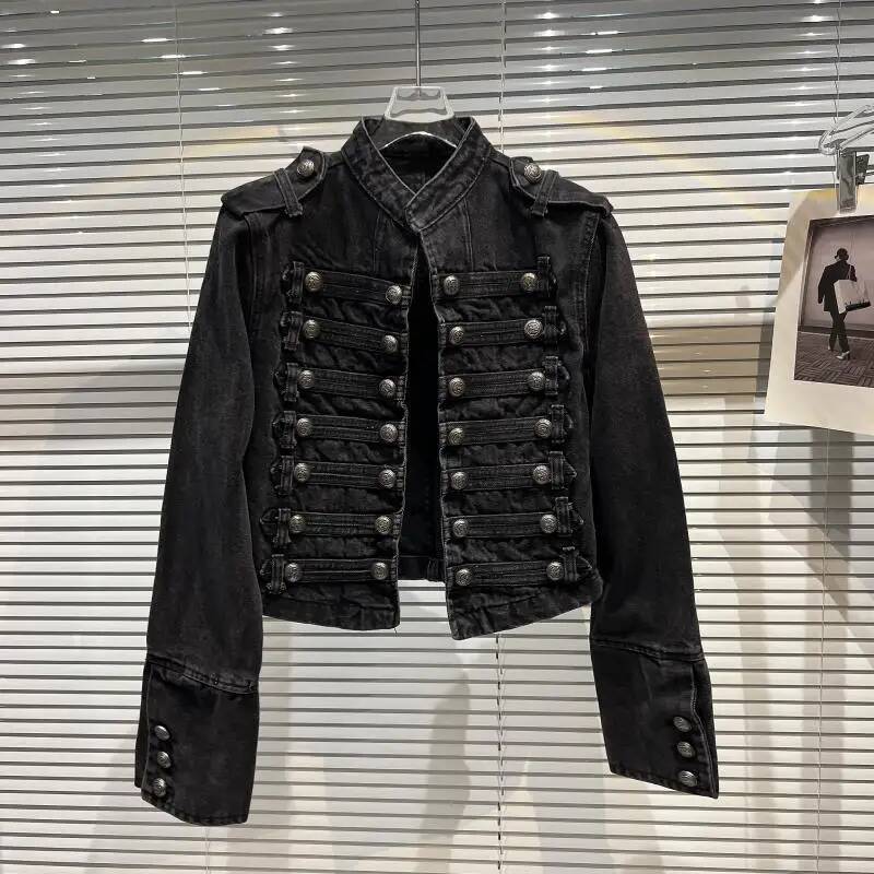 KTCZ 2025 Autumn New Classic Metal Ribs Buckle Design Shoulder Strap Washed Denim Top Short Jacket