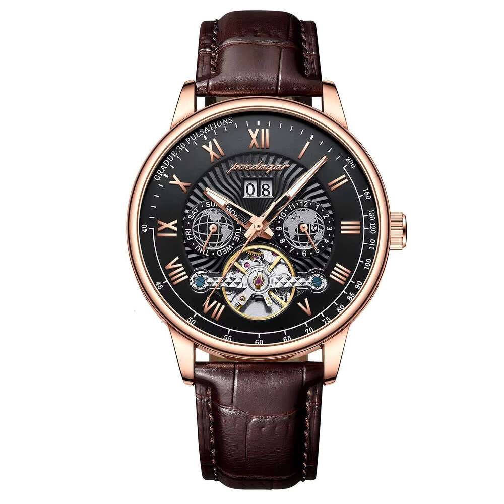 DHgargets POEDAGAR Men's Luxury Automatic Watch - Tourbillon, Calendar, Moon Phase, 50M Waterproof, Ultra-Thin 6mm, Genuine Leather Strap