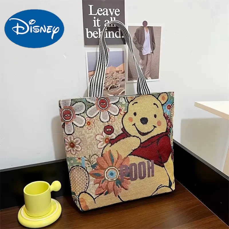Disney Pooh Bear Shoulder Bags Cute Cartoon Winnie Retro High-capacity Canvas Outdoor Storage Bag Women Girl Handbags Beach Bag W250722