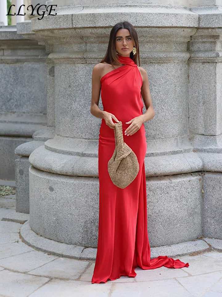 Ele Womens Ribbon Long Satin Party Dress Halter Backless Sleeveless Fe Dresses 2025 Summer Lady Solid Evening Gowns XJ250722