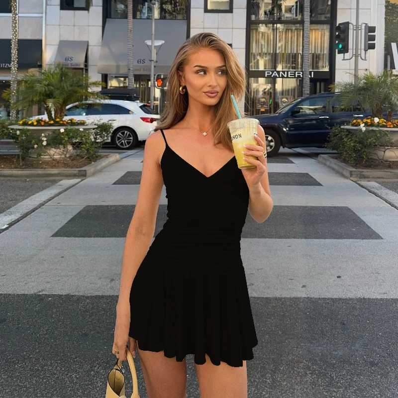 Vermery Casual Solid Off Shoulder V-neck Slim A-line Dress Sexy Fashion Sleeveless Streetwear Mini Dresses Summer New Vestidos XJ250722