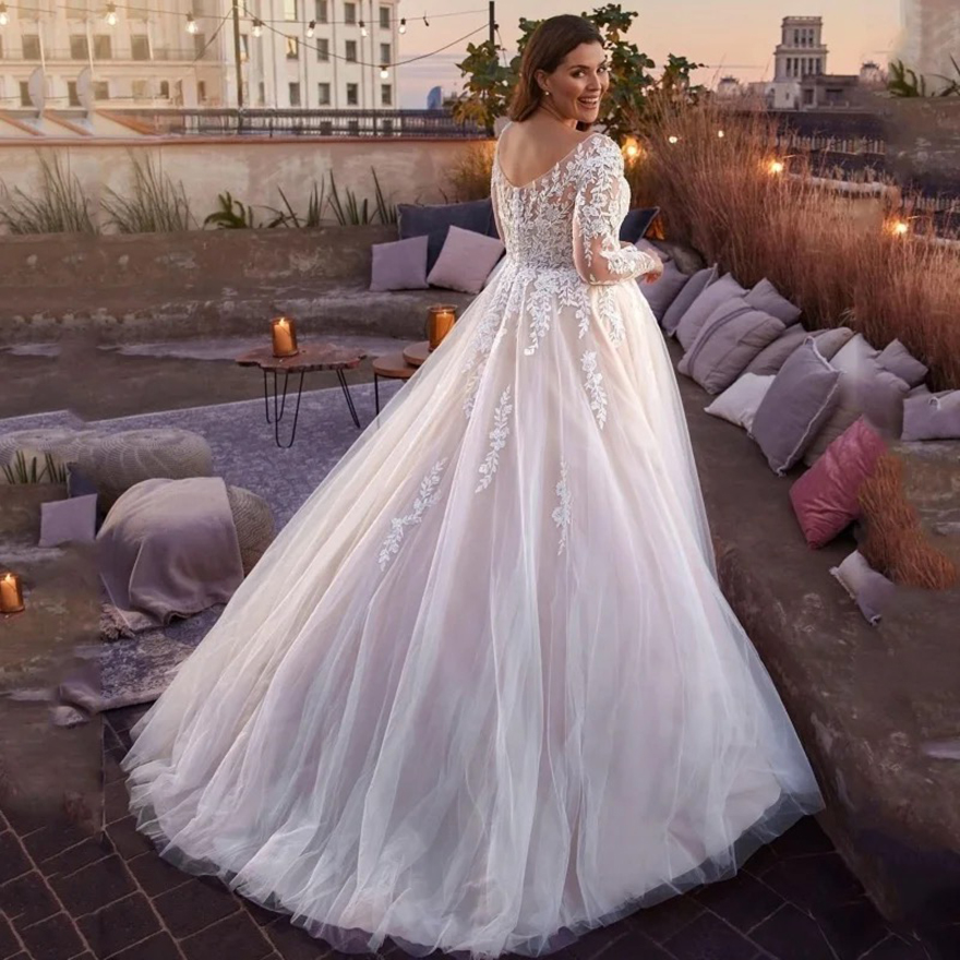 Customized V-Neck Wedding Dress Plus Size Lace Long Sleeve Women White Open Back Tulle Bridal Gown Sweep Train Vestidos De Novia