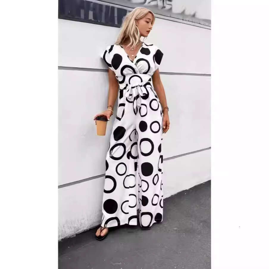 New Fashion Elegant Casual V-Neck High Waist Printed Wide-Leg Belted Jumpsuit B5