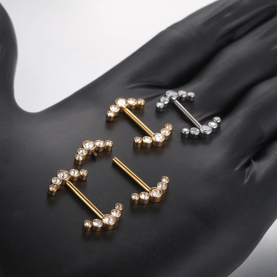1PC PVD Nipple Piercing Bar For Women 14G Bezel Set CZ Front Facing Barbell Nipple Shield Ring Sexy Body Jewelry 250722