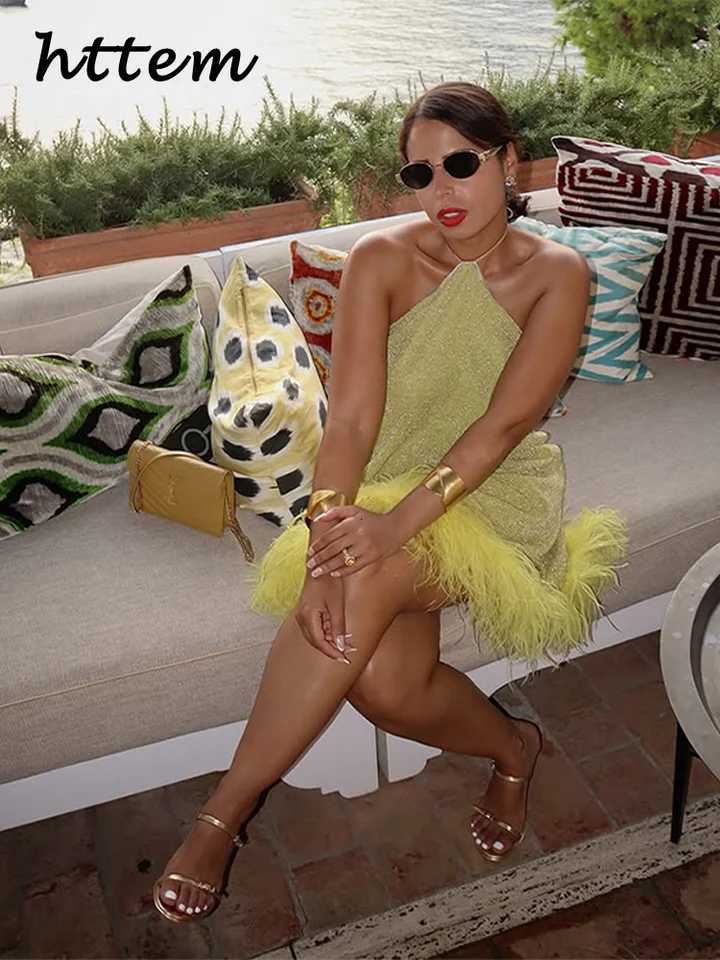 Sexy Feather Glitter Halter Short Dress Women Sleeveless Backless Yellow Fe Party Dresses 2025 Summer Lady Beach A-line Dress XJ250722