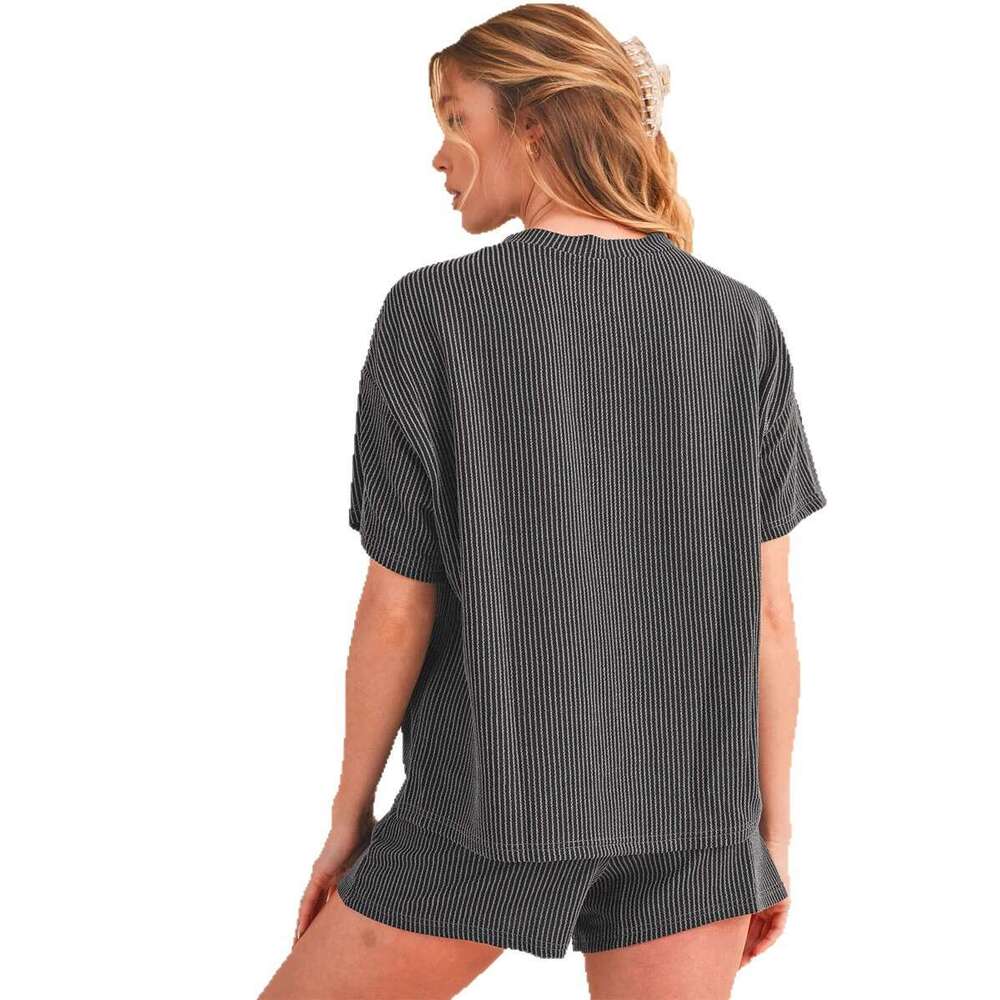 Summer New Simple Comfortable Solid Color Ribbed Short Sleeve Elastic Waist Shorts Homewear Two-Piece Set For Women B5