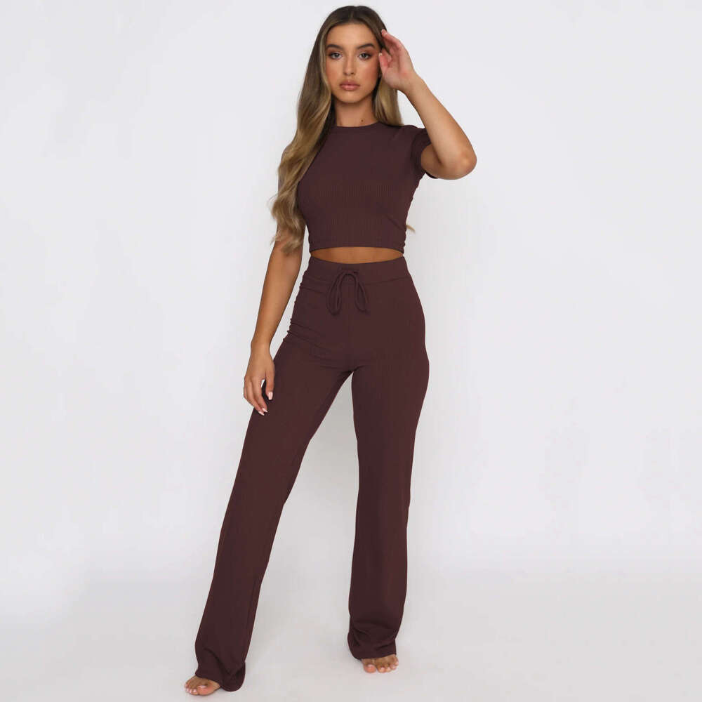 Summer Women's Ribbed Short Sleeve Crop Top And Long Pants Knitted Casual Set B5