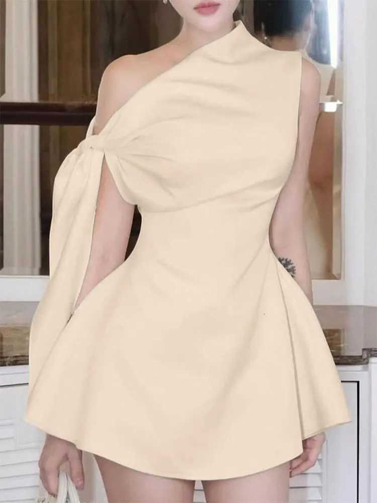 Summer New Women A-Line Dresses Streetwear Fashion Ribbon Skew Collar Casual Slim Dress Solid Sexy Off Shoulder Knitted Dresses XJ250722