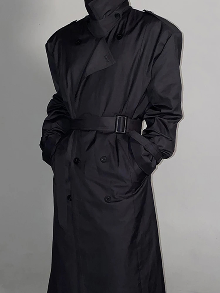 Mauroicardi Spring Autumn Cool Long Black Oversized Trench Coat Men Belt Double Breasted Loose Casual Windproof Outerwear 250714
