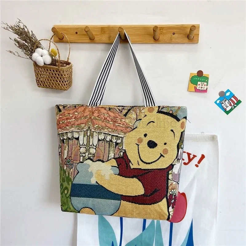 Disney Pooh Bear Shoulder Bags Cute Cartoon Winnie Retro High-capacity Canvas Outdoor Storage Bag Women Girl Handbags Beach Bag W250722