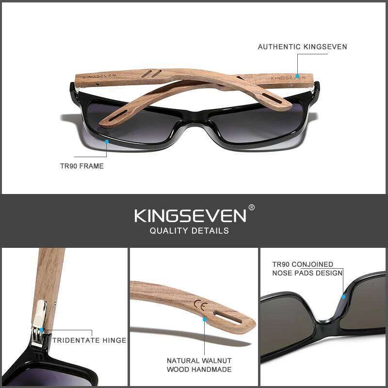 KINGSEVEN Brand TR90 Natural Walnut Wooden Sunglasses For Men Polarized UV400 Lens Retro Women Glasses Reinforced Hinge Eyewear