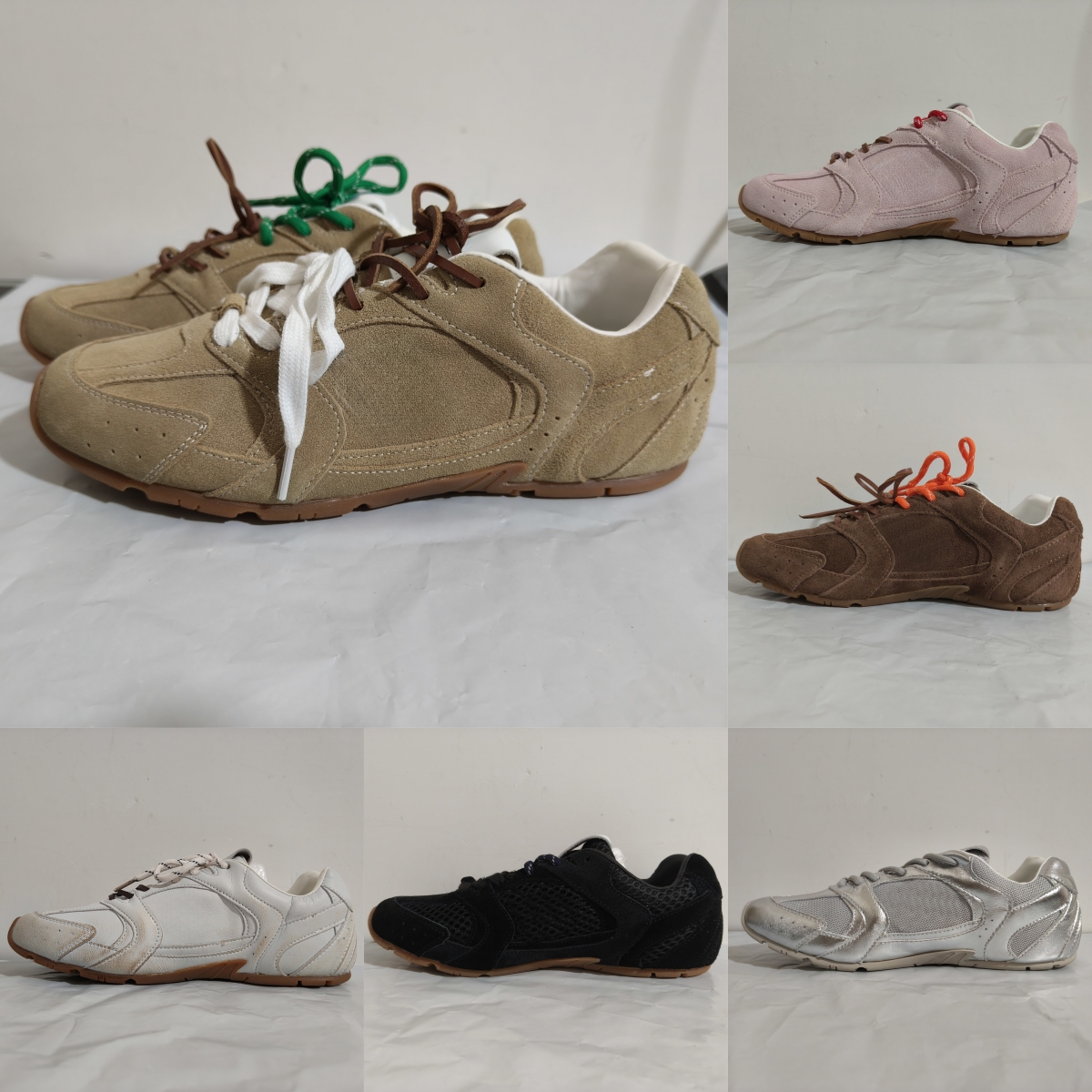 Retro Suede Sneakers Thin-Sole Dual Laces Unisex Khaki Brown Black Running Shoes EU 35-44