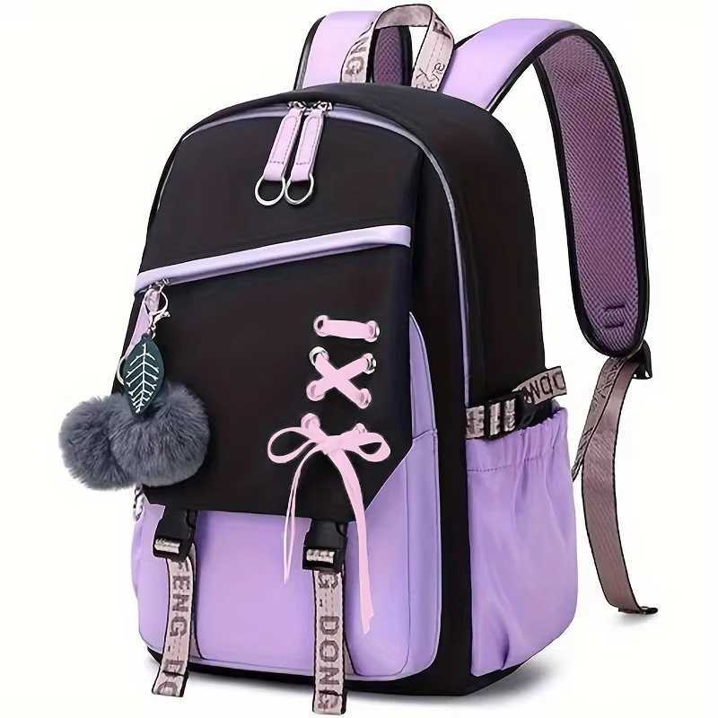 Large Capacity Schoolbag with Cute Plush Pendant Cute Girls Backpack Waterproof Nylon Fabric Bookbag for Kids Teens Students Y250722