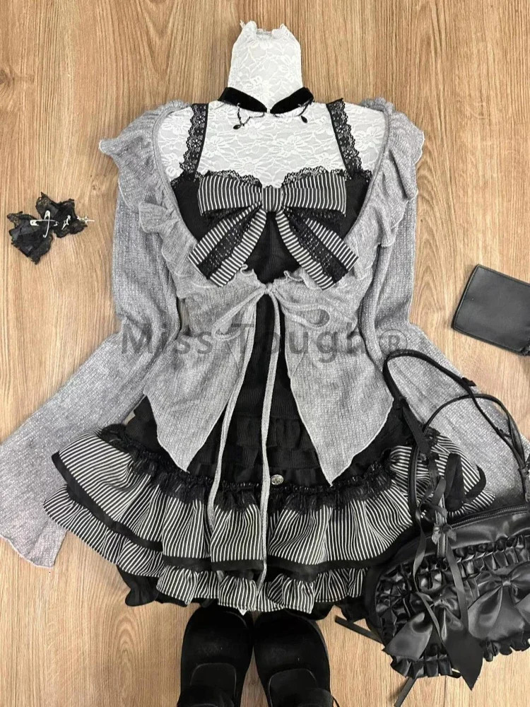 Autumn Winter Lace Bow 3-piece Set Women Aesthetic Vintage Slim Long Sleeve Cardigan Elastic Waist Ruffle Short Skirt Suit 250714
