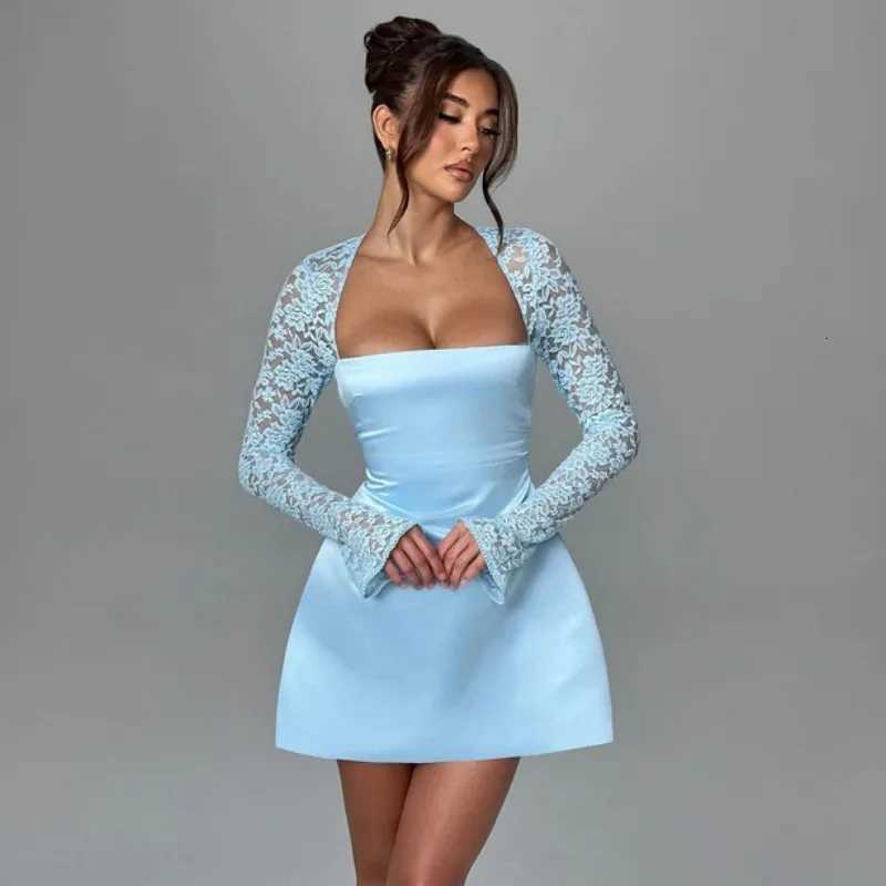 2024 Autumn Winter Womens Mini A-line Dress with Lace Patchwork Waist Wrap Backless Nightclub Sexy Party Dresses XJ250722