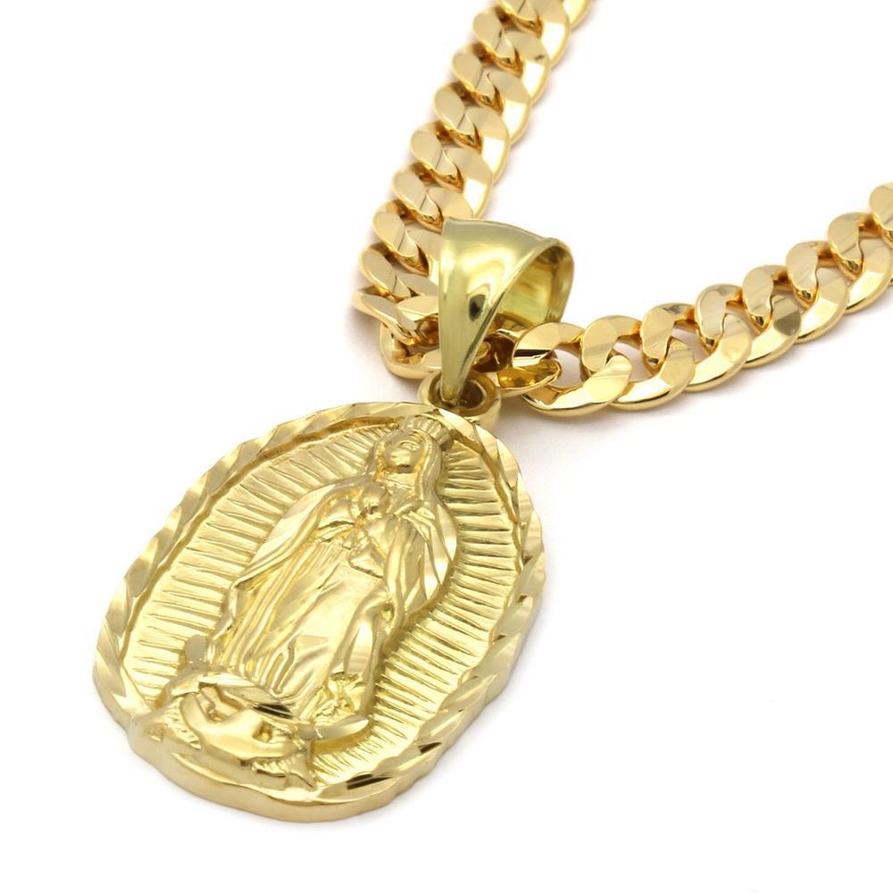 Mens 18k Gold Plated Guadalupe Hip-Hop Pendant 6mm Cuban Chain Necklace - view 6